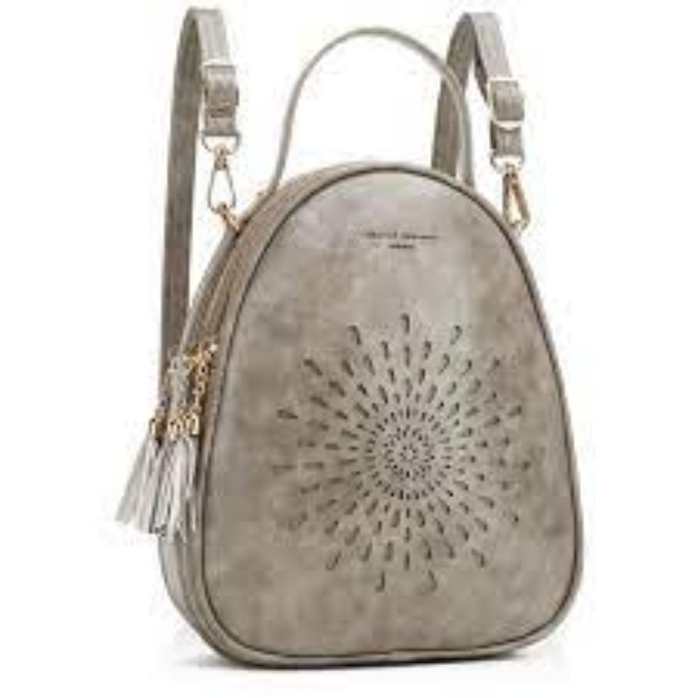 NWT Elegant Gray Backpack with Perforated Design and Tassel
